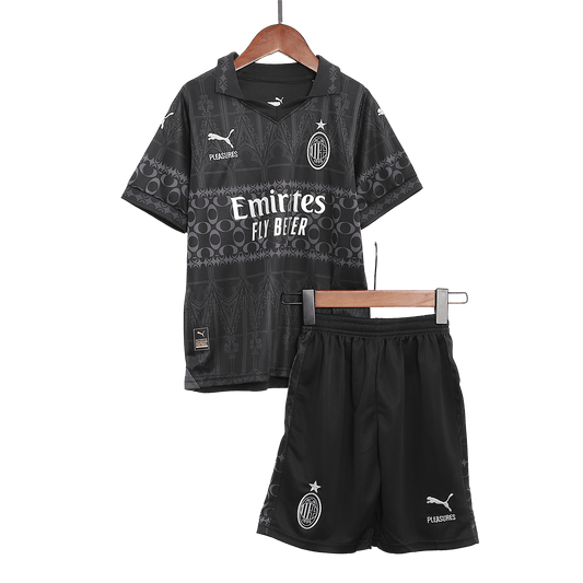 Kid's AC Milan x Pleasures Fourth Away  Soccer Jersey Kit(Jersey+Shorts) 2023/24 Top Soccer Jerseys Store